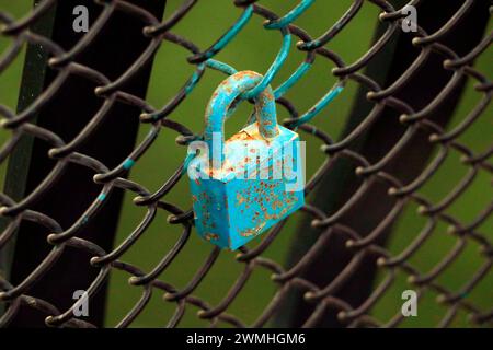 old rusty colorful padlocks locked on a net wall Stock Photo