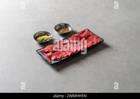 Beef sashimi, yukhoe, korean food, food, beef, sashimi, yukhoe, hamburger steak, cheese hamburger steak, cheese Stock Photo