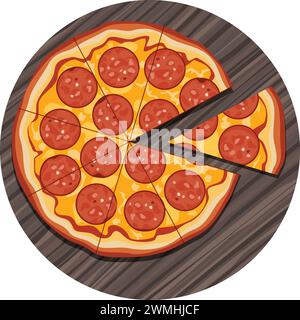 vector illustration of italian pizza with a slice on wooden board Stock Vector