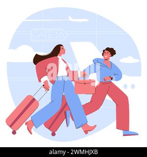 Couple is running in rush to boarding Stock Vector