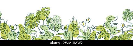Ficus, Syngonium, Monstera, Spathiphyllum. seamless pattern. Exotic plant. Home floriculture, house plants, hobby. Botanical illustration in hand draw Stock Vector