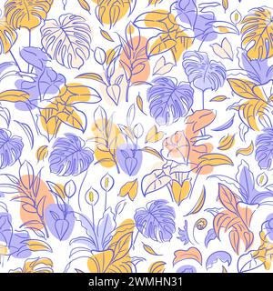 Ficus, Syngonium, Monstera, Spathiphyllum. seamless pattern. Exotic plant. Home floriculture, house plants, hobby. Botanical illustration in hand draw Stock Vector