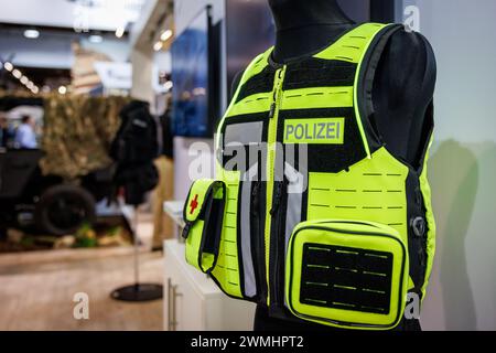 Nuremberg, Germany. 26th Feb, 2024. A ballistic protective vest is on display at the Rheinmetall stand at the Enforce Tac trade fair for security technology. The trade fair for members of security authorities and the armed forces will take place from February 26 to 28, 2024. Credit: Daniel Karmann/dpa/Alamy Live News Stock Photo