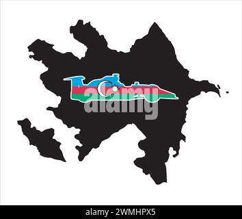 A silhouette map of Azerbaijan in the colors of the national flag with a racing car silhouette inset Stock Vector