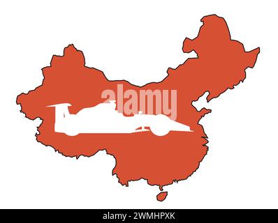 A silhouette map of China in the colors of the national flag with a racing car silhouette inset Stock Vector