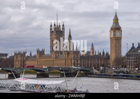 London, UK. 26th February 2024. Houses of Parliament, Westminster Bridge and Big Ben daytime view. Credit: Vuk Valcic/Alamy Stock Photo