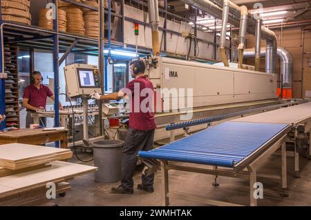 Workers operating machines in an industrial carpentry shop in the Canary Islands Stock Photo