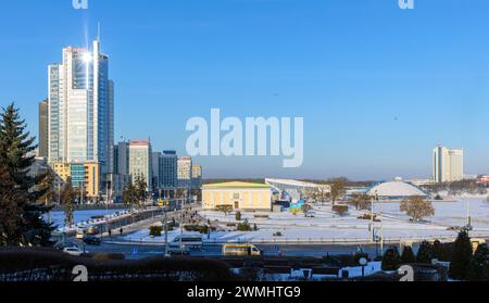 Minsk, Belarus - January 7, 2024: Panoramic cityscape of Minsk on a daytime. Business district on the cost of Svislach river Stock Photo