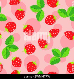 vector seamless strawberry fruit pattern with red fruits and green leaves on pink background with juice spots. juicy red strawberry seamless pattern f Stock Vector