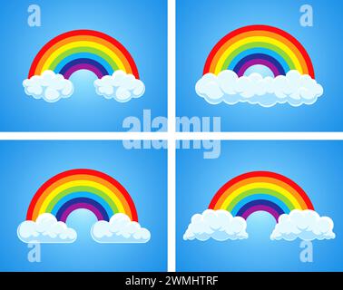 vector symbol of rainbow and clouds in the blue sky. colorful collection  of weather backgrounds. bright rainbow behind clouds cartoon Stock Vector