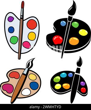 vector collection of wooden art palettes with blobs of paint and brushes isolated on white background. artist paint palette and paintbrushes icon. col Stock Vector