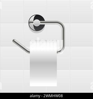 vector white toilet paper roll and metal holder. hygiene icon of clean toilet paper in bathroom Stock Vector