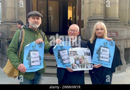 (left to right) Simon Milner-Edwards, William Ward and Deborah Wilde outside the City Of London Magistrates' Court, London, where they are charged with aggravated trespass after disrupting Wimbledon Championship tennis matches by protesting on the courts on July 5. Picture date: Monday February 26, 2024. Stock Photo