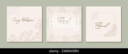 Floral social media post template set. Sakura blossom golden background in pastel colors. Flower elegant modern design. Greeting card, wedding invitat Stock Vector