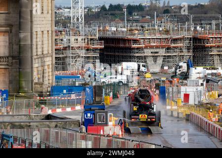 Construction site as supports for the incoming raised tracks begin to take shape near the HS2 mainline station at Curzon Street on 26th February 2024 in Birmingham, United Kingdom. It has been announced that funding from the scrapped Northern legs of the HS2 project will be partly redirectd to more local public transport infrastructure in the Midlands and North. Stock Photo