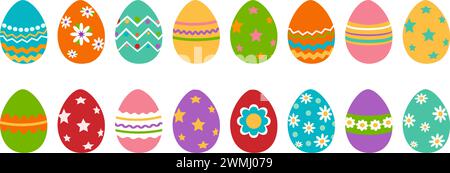 Bright painted isolated Easter eggs. Set of eggs. Cartoon flat style. Traditional religious Easter symbols. Vector illustration. Stock Vector