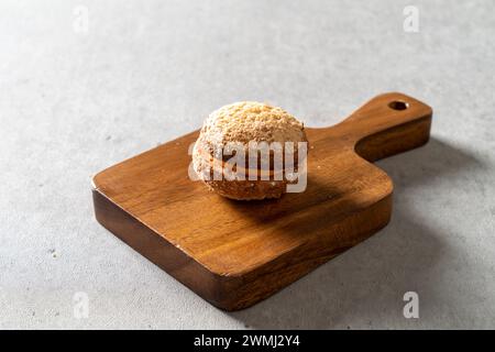 Chocolate dacquoise, chocolate, dacquoise, cheese, walnuts, salt, salt, caramel, snacks Stock Photo