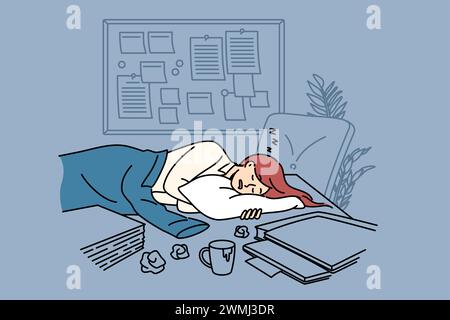 Tired businesswoman sleeps on office desk among papers and kanban board, due to burnout caused by strict deadlines. Sleeping clerk girl is forced to stay overnight at work because of deadlines Stock Vector