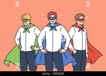 Team of business people in superhero masks and capes are ready to provide consulting services for corporations. Team of cool managers from consulting company smile standing in confident pose Stock Vector