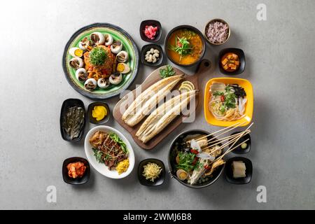 Korean food dish Pungcheon Fresh Water Eel Grilled Eel Soup Eel Seasoned Seaweed Jjolmyeon Stock Photo