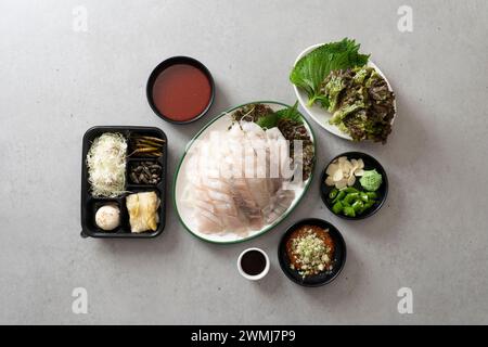 Raw flatfish, raw rockfish, raw beef, raw fish soup, raw fish soup Korean food dish Stock Photo