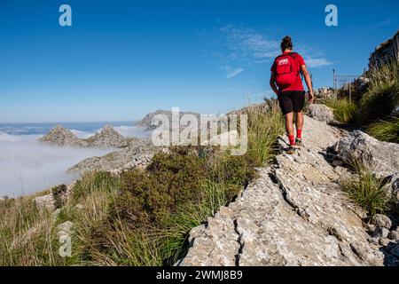 hiker on the way to Es Binis, Mallorca, Balearic Islands, Spain Stock Photo