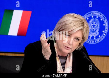 Roma, Italia. 26th Feb, 2024. Foto Mauro Scrobogna/LaPresse 26-02-2024 Roma (Italia) Politica - Palazzo Chigi, Consiglio dei Ministri - Nella foto: Marina Elvira Calderone Ministro del Lavoro durante la conferenza stampa dopo il CDM February 26, 2024 Rome (Italy) Politics - Palazzo Chigi, Council of Ministers - In the photo: Marina Elvira Calderone Minister of labour during the press conference after the CDM Credit: LaPresse/Alamy Live News Stock Photo