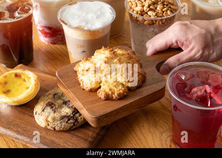 Strawberry latte, Jolly Pong shake, scones, cookies, coffee Stock Photo