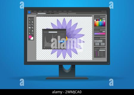 Isometric Graphic design studio. Graphic designer at work. Graphic designer drawing. Web banners, internet marketing, printed material, presentation Stock Vector