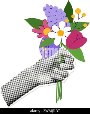 Hand holding bouquet of flowers art collage vector illustration Stock Vector