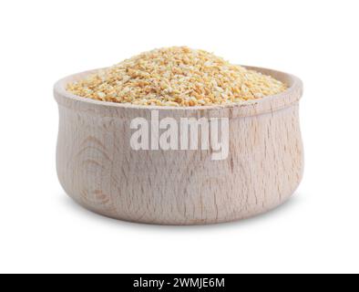 Dehydrated garlic granules in wooden bowl isolated on white Stock Photo