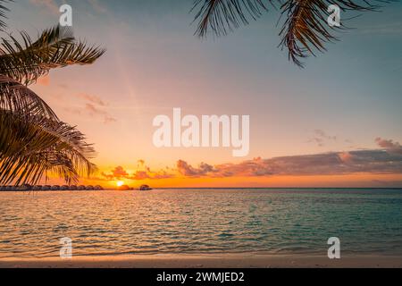 Sunset on Maldives island, luxury water villas resort and wooden pier. Beautiful palm trees leaves with colorful sky and clouds and beach background Stock Photo