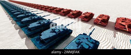 Dual-Toned Armored Tank Brigade in Desert Formation under the Blazing Sun Stock Photo