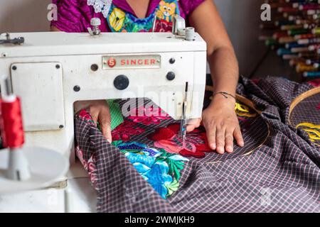 San Miguel del Valle, Oaxaca, Mexico - Epifania Hernandez Garcia makes elaborate aprons, worn by most women in this rural Mexican town. Different apro Stock Photo