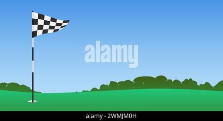 A triangle checkered golf flag waving on a flagpole, on a lush green course against a blue sky and trees background, vector illustration. Stock Vector