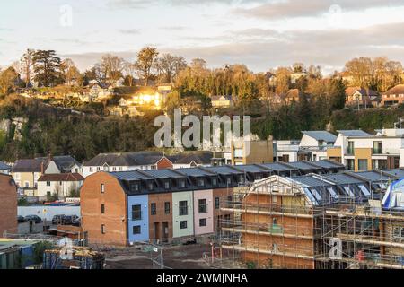 Views over Sedbury, Gloucestershire, from Chepstow Bridge, and also showing house building in Chepstow town centre. Stock Photo