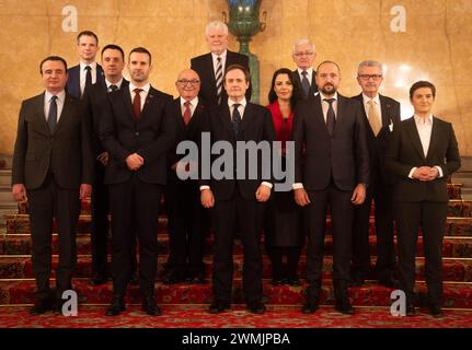 (Front row left to right) Albin Kurti Prime Minister of Kosovo, Milojko Spajic Prime Minister of Montenegro, Tom Tugendhat Security Minister, Fatmir Bytyqi Deputy Prime Minister in Charge of Economic Affairs Republic of North Macedonia and Ana Brnabic Prime Minister of Serbia. (Middle row left to right) Vedran Lakic Minister of Energy Mining and Industry of the Federation of Bosnia and Herzegovina, Lord Peach, Belinda Balluku Deputy Prime Minister of Albania and Osman Topcagic Ambassador of Bosnia and Herzegovina to the UK. (Back row left to right) Andrew Bowie Minister for Nuclear and Renewab Stock Photo