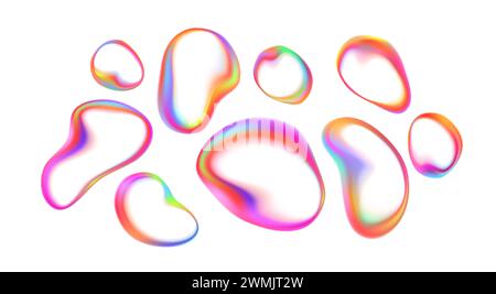 Colorful Transparent Drops in Iridescent Rainbow. Liquid Water Splash with Holographic Bubble Soap Effect Stock Vector