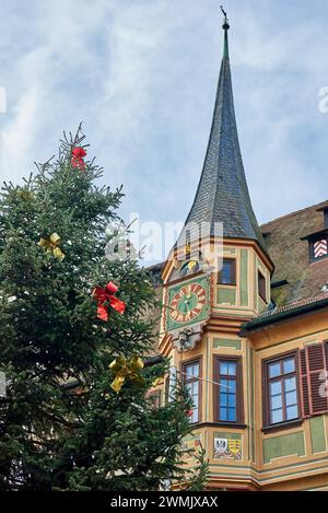 Winter Festivities in Bitigheim-Bissingen: Charming Half-Timbered Houses Adorned with Christmas Decorations. New Year's atmosphere of Bitigheim Stock Photo