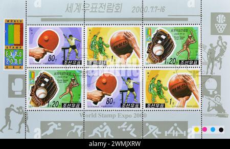 Souvenir Sheet with cancelled postage stamp printed by North Korea that shows Sport, World Stamp Expo 2000 - Anaheim, California, circa 2000. Stock Photo