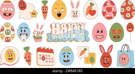 Easter retro groovy set. easter eggs characters in trendy cartoon 60s 70s style. Old classic cartoon style. Flat vector hand drawn illustration.. Stock Vector