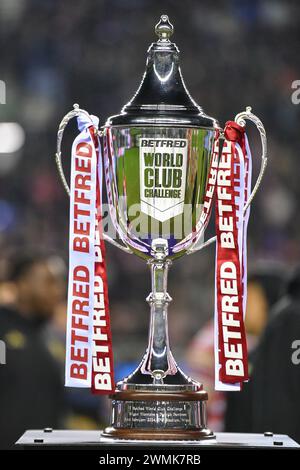 Wigan, England - 24th February 2024 - Trophy with Cherry and White ribbons of Wigan.  Rugby League Betfred World Club Challenge, Wigan Warriors vs Penrith Panthers at DW Stadium, Wigan, UK  Dean Williams Stock Photo