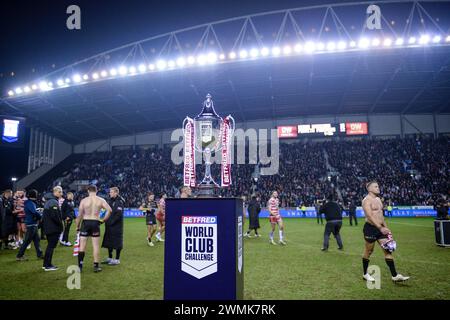 Wigan, England - 24th February 2024 - Trophy with Cherry and White ribbons of Wigan.  Rugby League Betfred World Club Challenge, Wigan Warriors vs Penrith Panthers at DW Stadium, Wigan, UK  Dean Williams Stock Photo