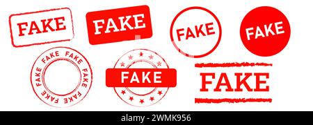 fake rectangle and circle red rubber stamp label sign false hoax scam information Stock Vector