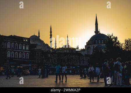 Silhouetes of mosque's minarets and domes at sunset, Istanbul, Turkey © Dosfotos/Axiom Stock Photo