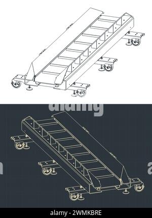 Stylized vector illustrations of isometric blueprints of reinstallable belt conveyor Stock Vector