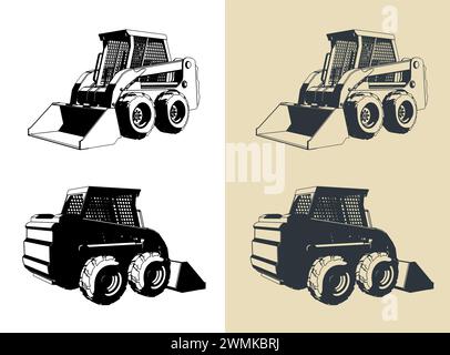 Stylized vector illustrations of a skid-steer loader Stock Vector