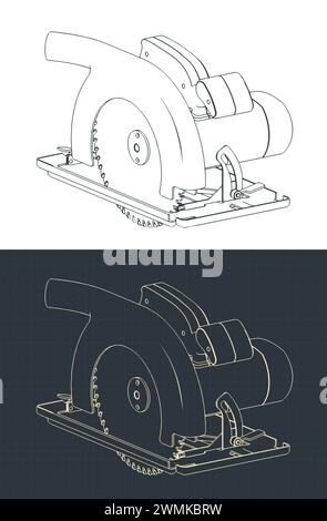 Stylized vector illustration of isometric blueprints of modern circular saw Stock Vector