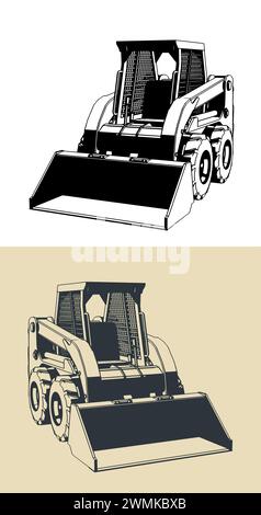 Stylized vector illustrations of a skid-steer loader Stock Vector