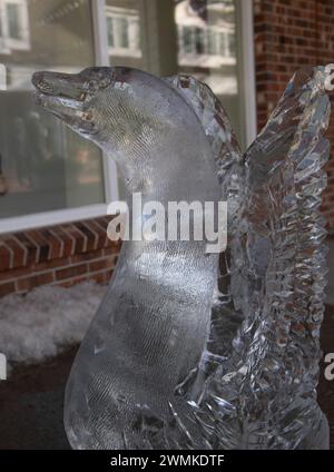 Newport, RI. Jan. 25, 2024. Sean Skelly of Attleboro, MA and Sam Sannie of Easton, MA carved three creations at Long Whark in downtown Newport, RI: a vase on a pedastel, a swan and a fish, in front of the crowd, as part of the Newport Winter Festival 2024. @ Veronica Bruno / Alamy Live News Stock Photo